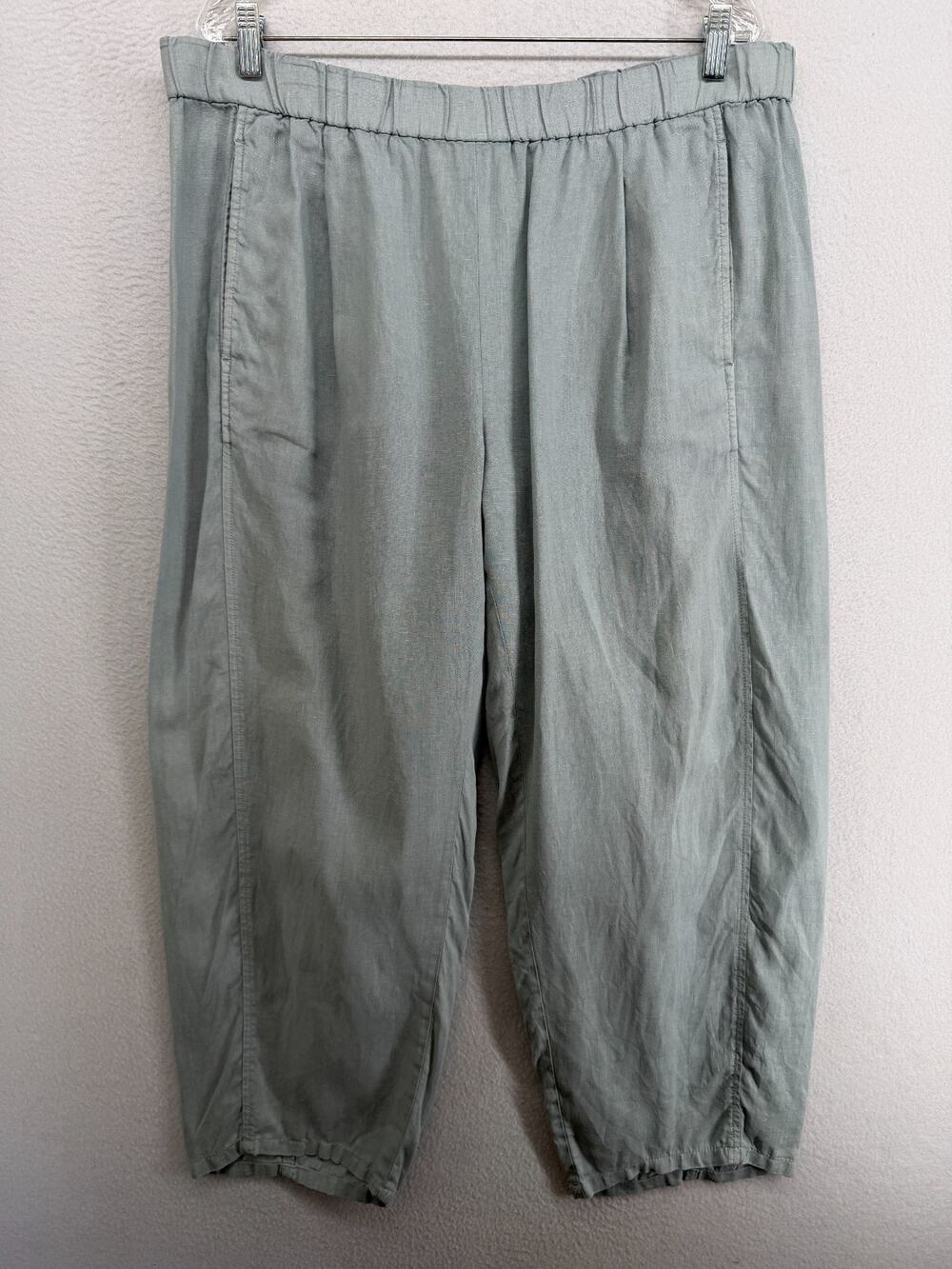 EILEEN FISHER Pants L Organic Linen Lantern Barrel Pleated Pull On Blue